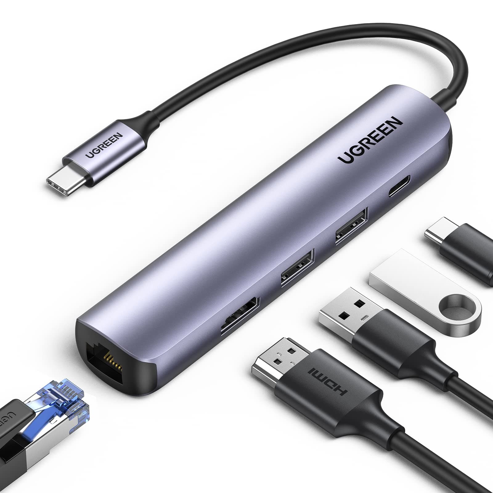 UGREEN USB-C Multiport HUB with LAN (35625) USB 3.0 Type-C to HDMI Adapter and Multiport HUB with PD + LAN
