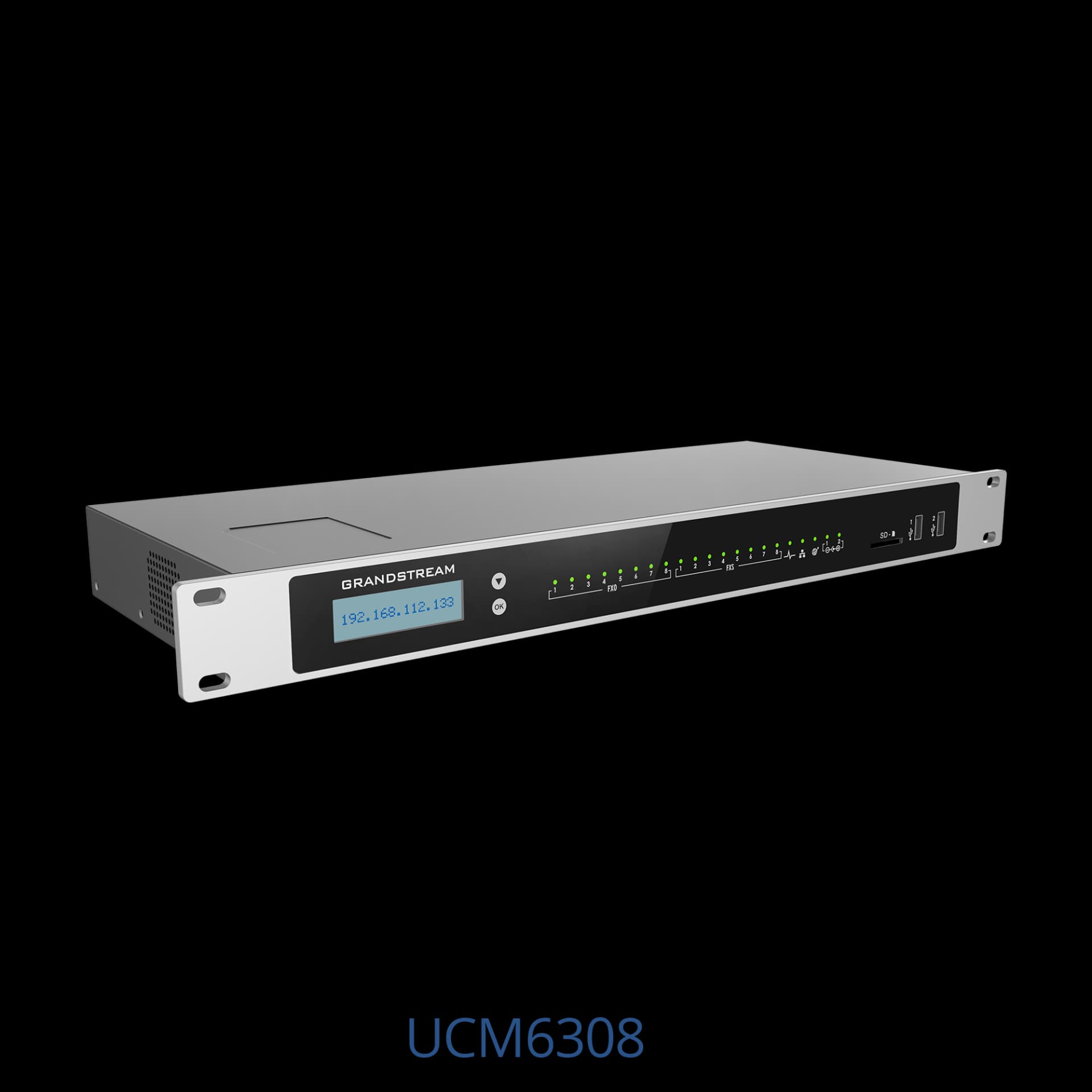 Grandstream UCM6308 Video Calls Support, 8 ATE Phone Line, 300 one time call, 3000 IP phone support, 128x32 dot matrix graphic LCD with DOWN and OK buttons, Asterisk 16 OS